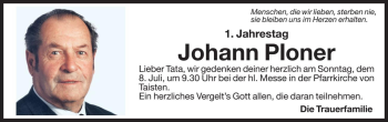 Traueranzeige von Johann Ploner von Dolomiten