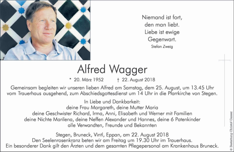  Traueranzeige für Alfred Wagger vom 24.08.2018 aus Dolomiten