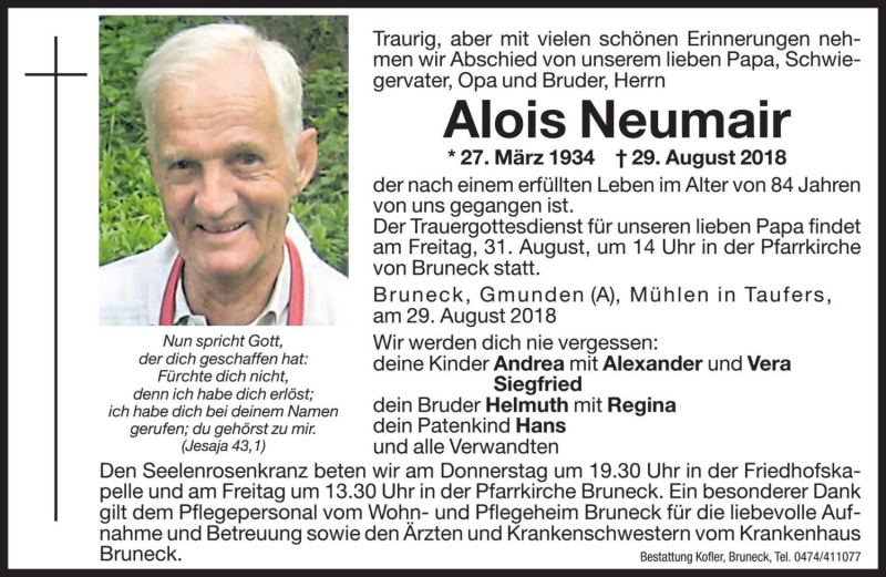  Traueranzeige für Alois Neumair vom 30.08.2018 aus Dolomiten