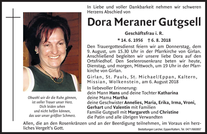  Traueranzeige für Dora Gutgsell vom 07.08.2018 aus Dolomiten