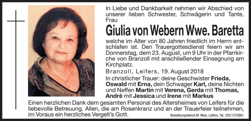  Traueranzeige für Giulia Baretta vom 22.08.2018 aus Dolomiten