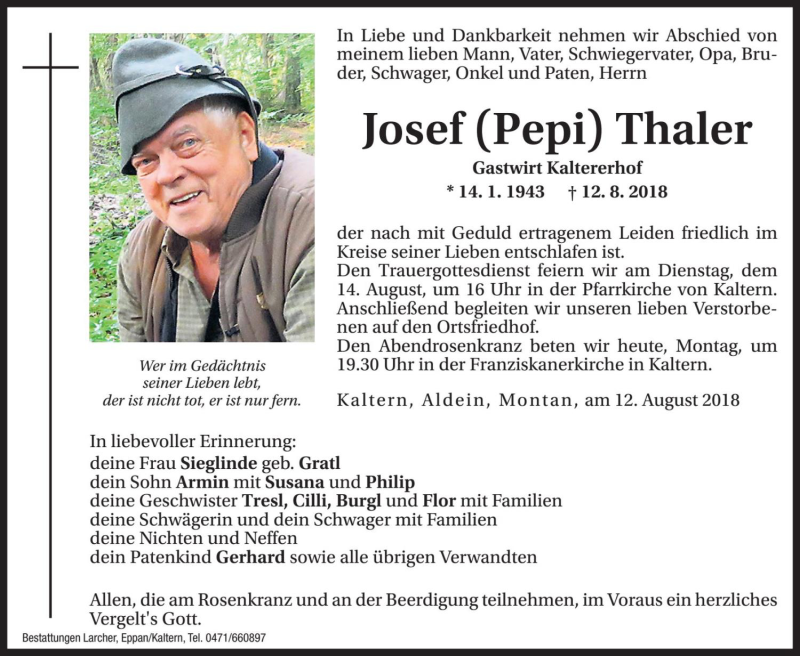  Traueranzeige für Josef Thaler vom 13.08.2018 aus Dolomiten