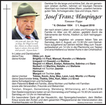 Traueranzeige von Josef Franz Haspinger von Dolomiten