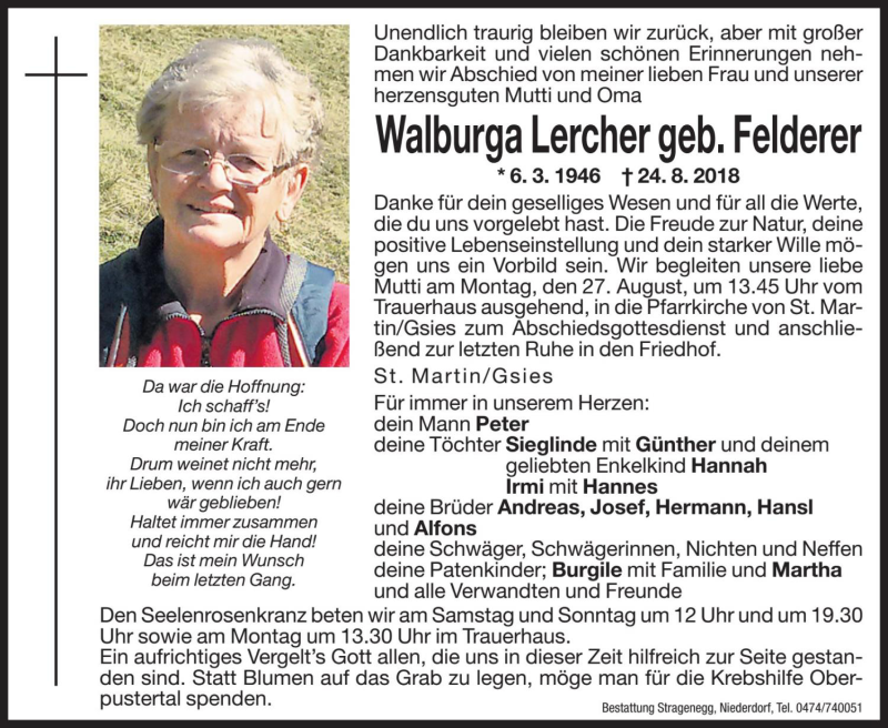  Traueranzeige für Walburga Lercher vom 25.08.2018 aus Dolomiten