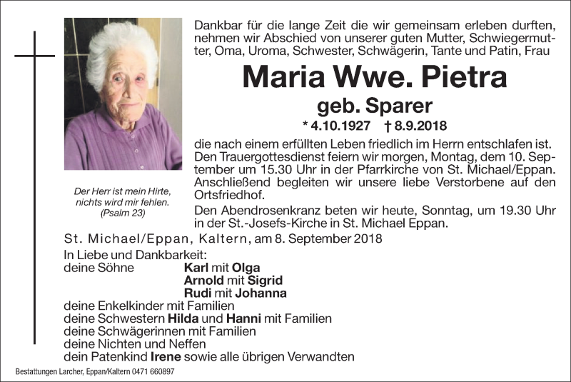  Traueranzeige für Maria Pietra vom 09.09.2018 aus Zett
