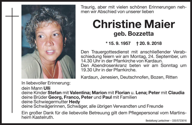  Traueranzeige für Christine Maier vom 22.09.2018 aus Dolomiten