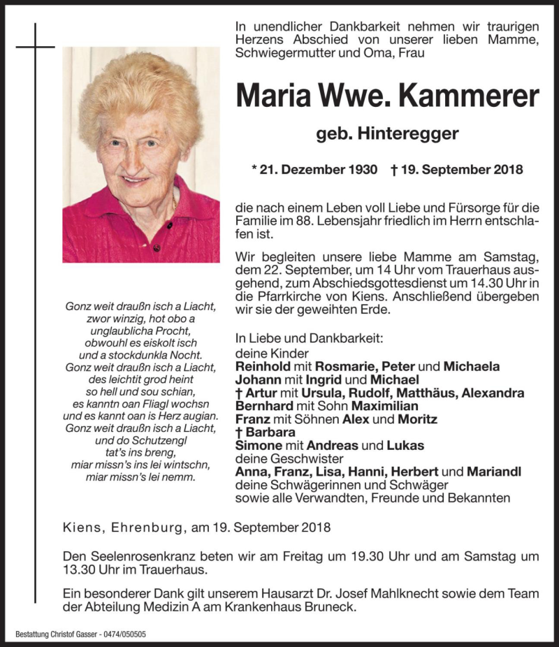  Traueranzeige für Maria Kammerer vom 21.09.2018 aus Dolomiten