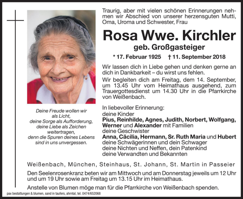  Traueranzeige für Rosa Kirchler vom 12.09.2018 aus Dolomiten