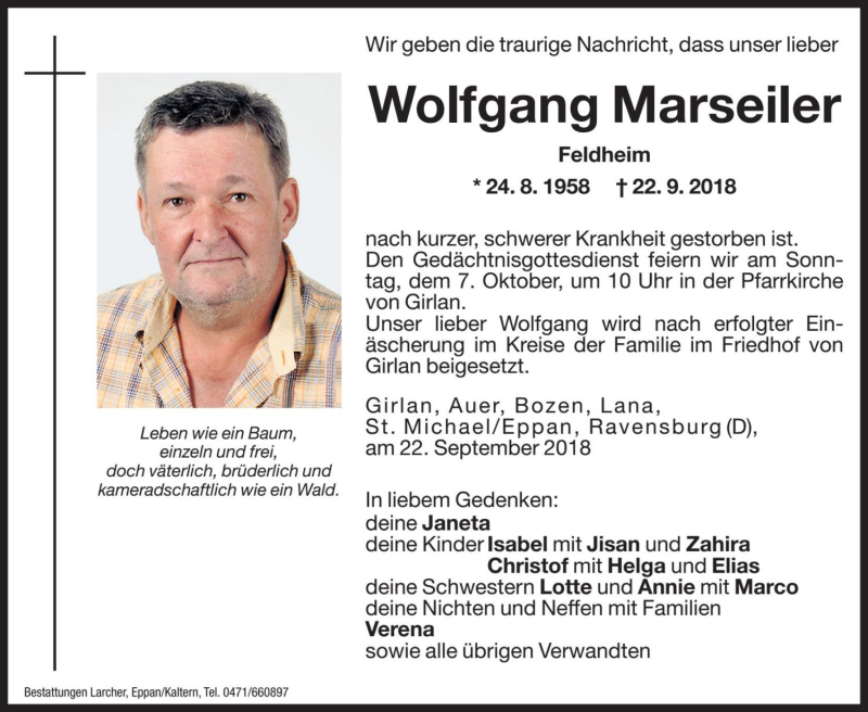  Traueranzeige für Wolfgang Marseiler vom 24.09.2018 aus Dolomiten