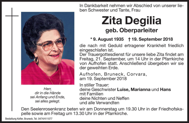  Traueranzeige für Zita Degilia vom 20.09.2018 aus Dolomiten