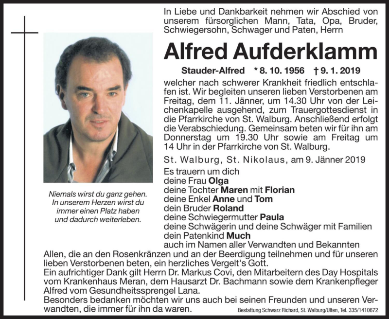  Traueranzeige für Alfred Aufderklamm vom 10.01.2019 aus Dolomiten