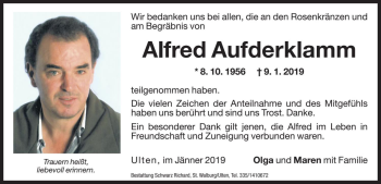 Traueranzeige von Alfred Aufderklamm von Dolomiten