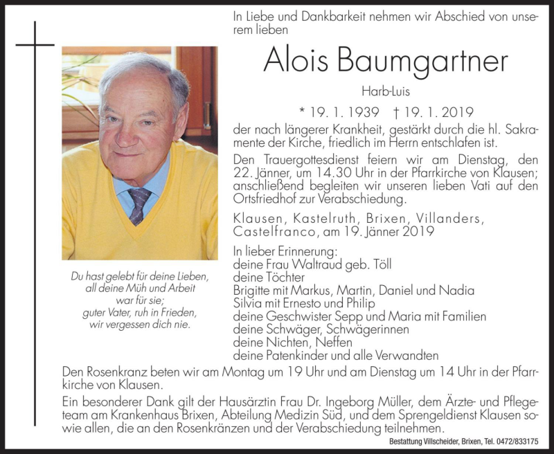 Traueranzeigen von Alois Baumgartner | Trauer.bz