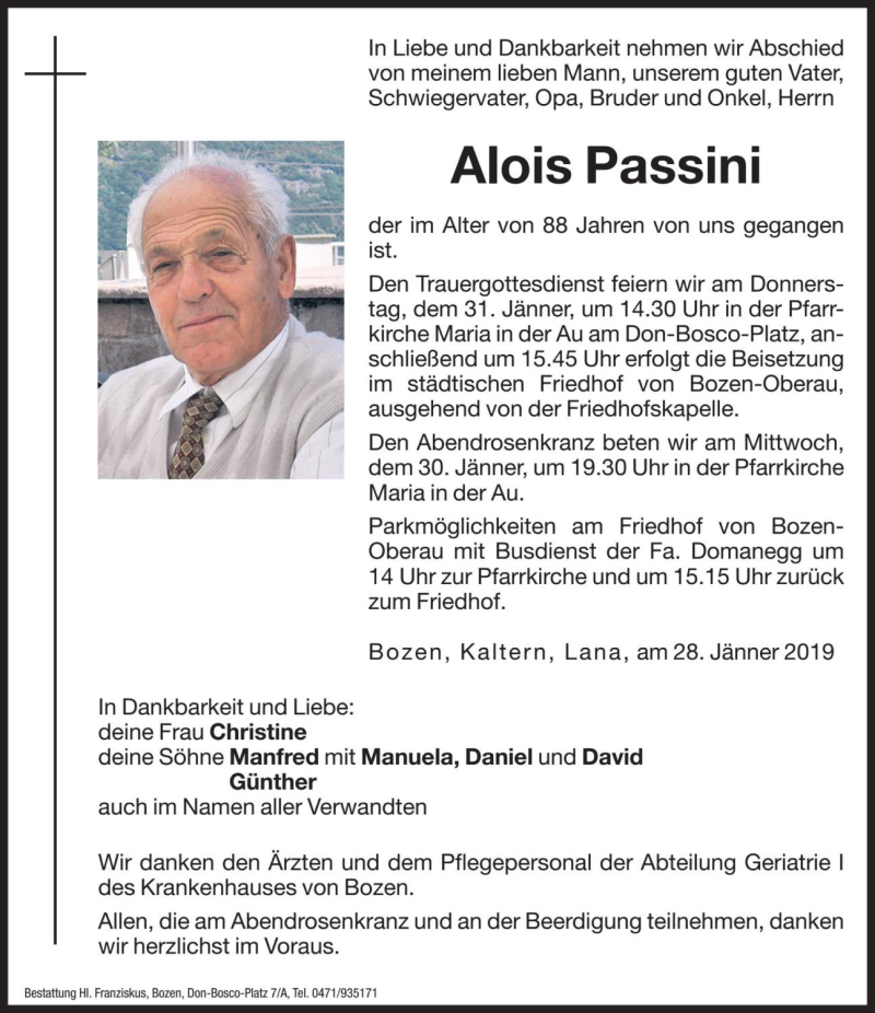  Traueranzeige für Alois Passini vom 30.01.2019 aus Dolomiten