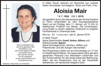 Traueranzeige von Aloisia Mair von Dolomiten