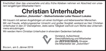 Traueranzeige von Christian Unterhuber von Dolomiten