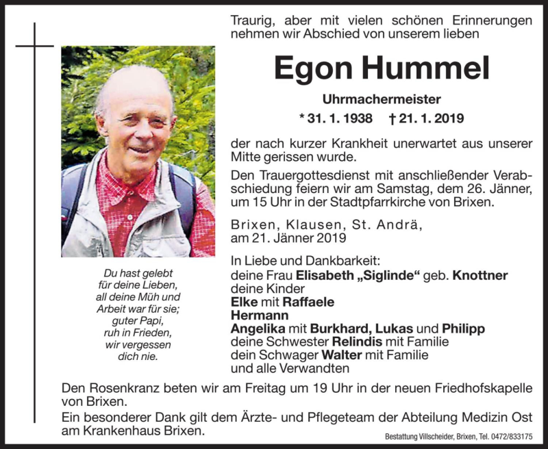  Traueranzeige für Egon Hummel vom 24.01.2019 aus Dolomiten