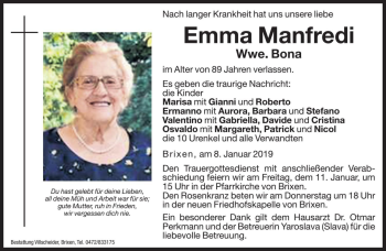 Traueranzeige von Emma Bona von Dolomiten