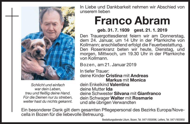  Traueranzeige für Franco Abram vom 22.01.2019 aus Dolomiten