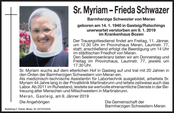 Traueranzeige von Frieda Schwazer von Dolomiten