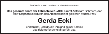 Traueranzeige von Gerda Eckl von Dolomiten