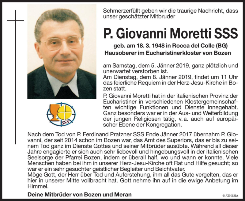  Traueranzeige für Giovanni Moretti vom 08.01.2019 aus Dolomiten