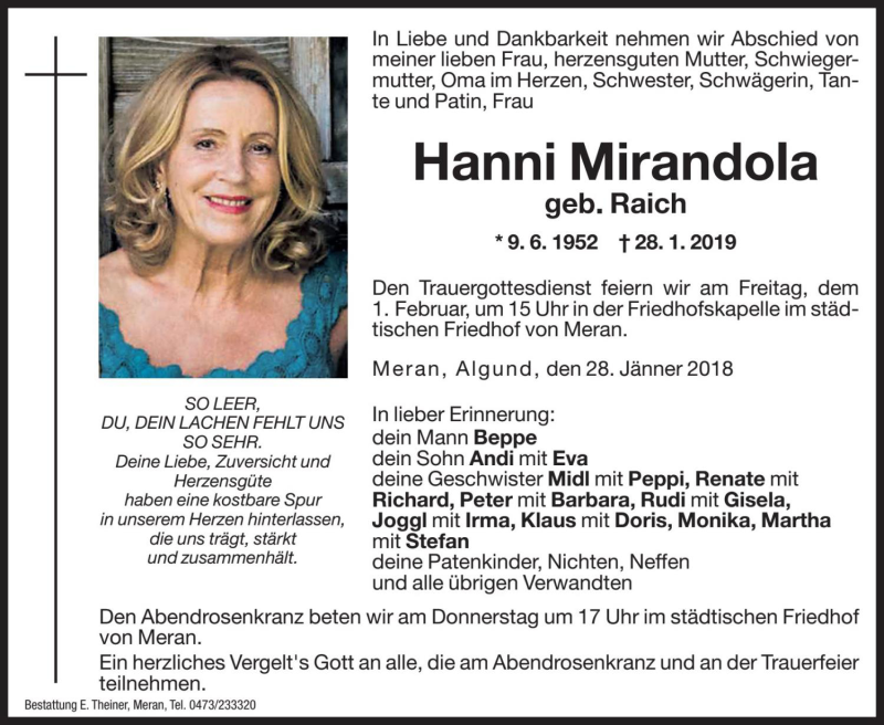  Traueranzeige für Hanni Mirandola vom 31.01.2019 aus Dolomiten