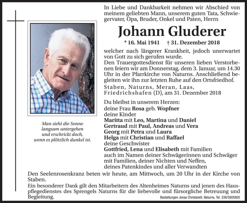  Traueranzeige für Johann Gluderer vom 02.01.2019 aus Dolomiten