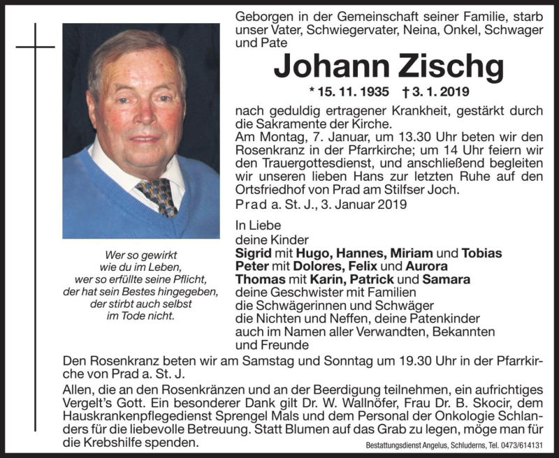  Traueranzeige für Johann Zischg vom 05.01.2019 aus Dolomiten