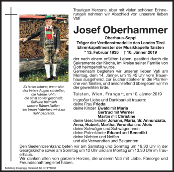 Traueranzeige von Josef Oberhammer von Dolomiten