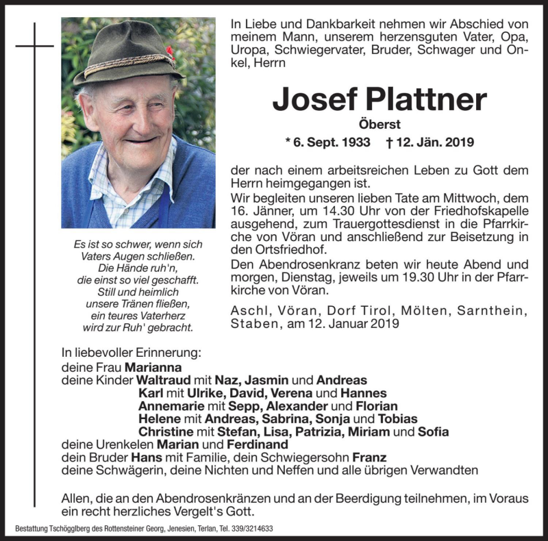  Traueranzeige für Josef Plattner vom 14.01.2019 aus Dolomiten