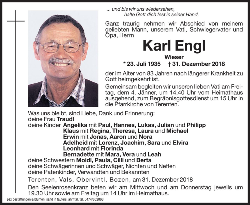  Traueranzeige für Karl Engl vom 02.01.2019 aus Dolomiten