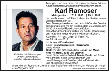 Traueranzeige von Karl Ramoser von Dolomiten