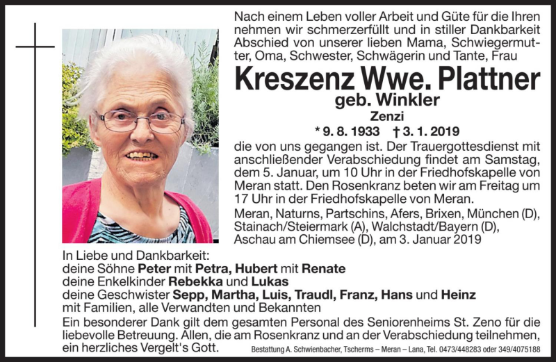  Traueranzeige für Kreszenz Plattner vom 04.01.2019 aus Dolomiten