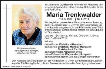 Traueranzeige von Maria Trenkwalder von Dolomiten