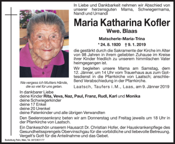 Traueranzeige von Maria Katharina Blaas von Dolomiten