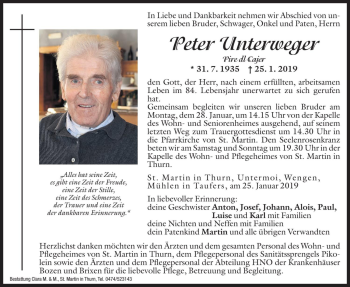 Traueranzeige von Peter Unterweger von Dolomiten