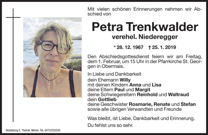  Traueranzeige für Petra Niederegger vom 30.01.2019 aus Dolomiten