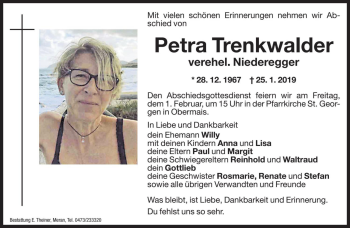 Traueranzeige von Petra Niederegger von Dolomiten