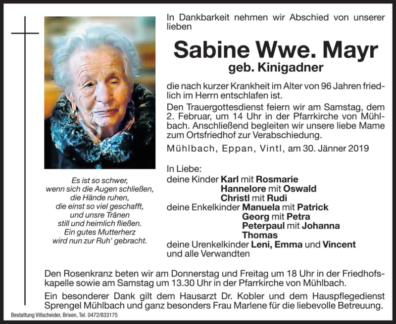  Traueranzeige für Sabine Mayr vom 31.01.2019 aus Dolomiten