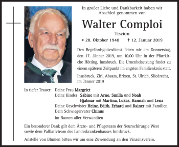 Traueranzeige von Walter Comploi von Dolomiten