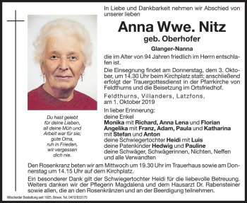 Traueranzeige von Anna Nitz von Dolomiten