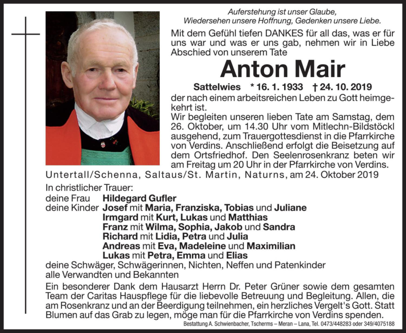  Traueranzeige für Anton Mair vom 25.10.2019 aus Dolomiten