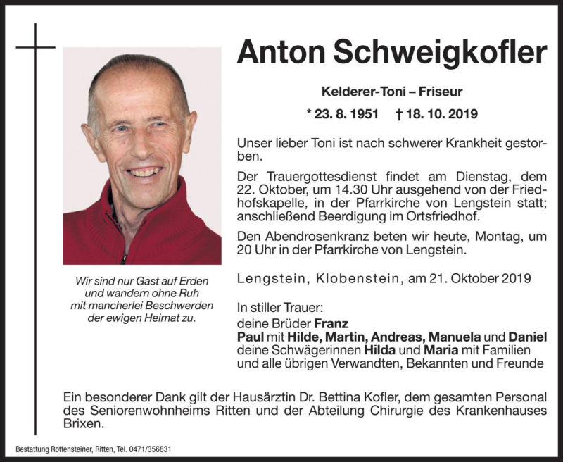  Traueranzeige für Anton Schweigkofler vom 21.10.2019 aus Dolomiten