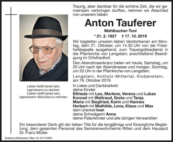 Traueranzeige von Anton Tauferer von Dolomiten