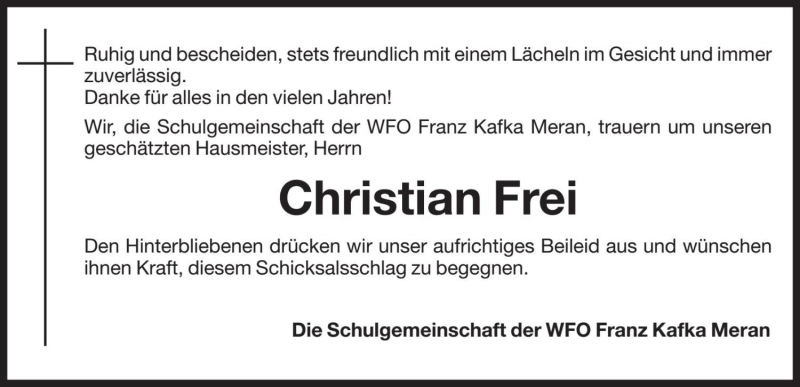  Traueranzeige für Christian Frei vom 17.10.2019 aus Dolomiten
