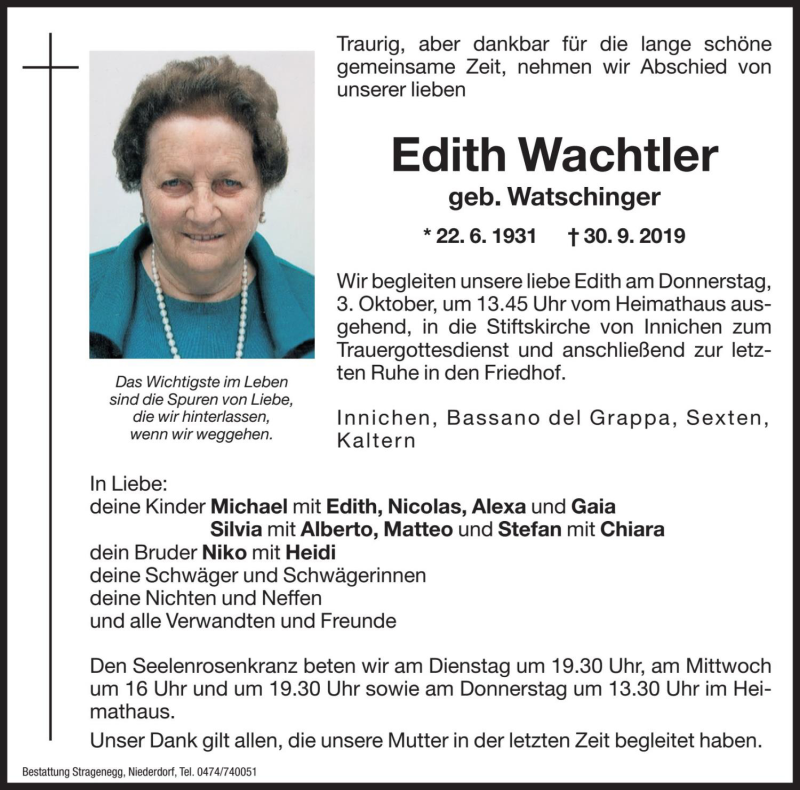  Traueranzeige für Edith Wachtler vom 01.10.2019 aus Dolomiten