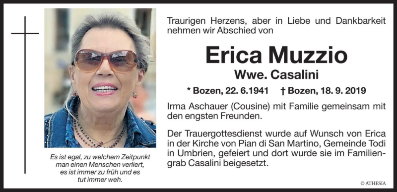 Traueranzeige für Erica Muzzio vom 05.10.2019 aus Dolomiten