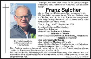 Traueranzeige von Franz Salcher von Dolomiten