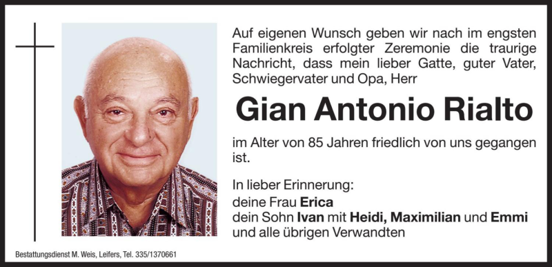  Traueranzeige für Gian Antonio Rialto vom 29.10.2019 aus Dolomiten